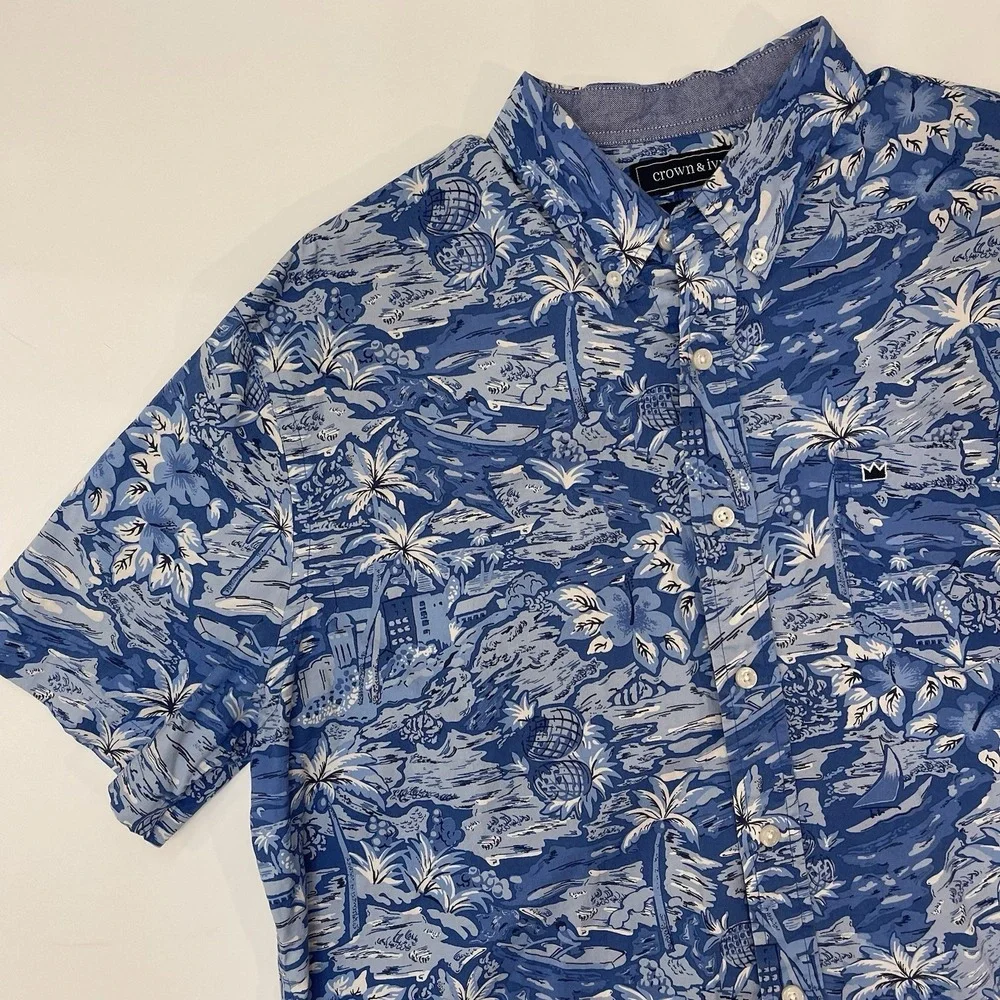 Crown & Ivy Men's Blue Button Down Hawaiian Classic Fit Shirt Size Large